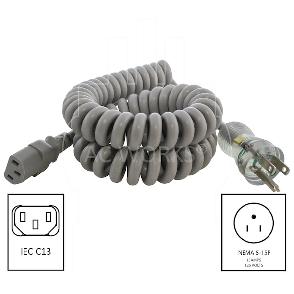 UP To 6.5ft 10A 18/3 Coiled Medical Grade Power Cord With C13 Connector